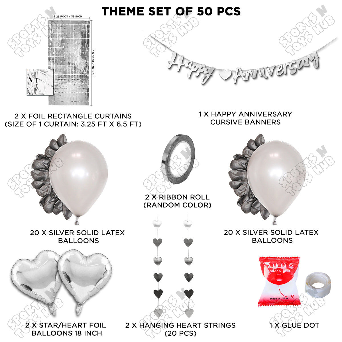 Happy Anniversary Silver Cursive Banner Rectangle Curtain Theme Collection