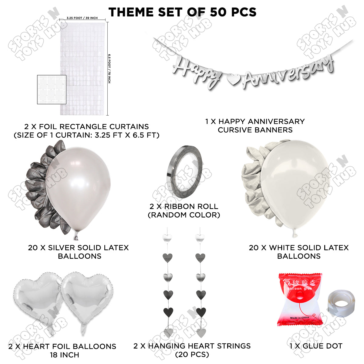 Happy Anniversary Silver Cursive Banner Rectangle Curtain Theme Collection