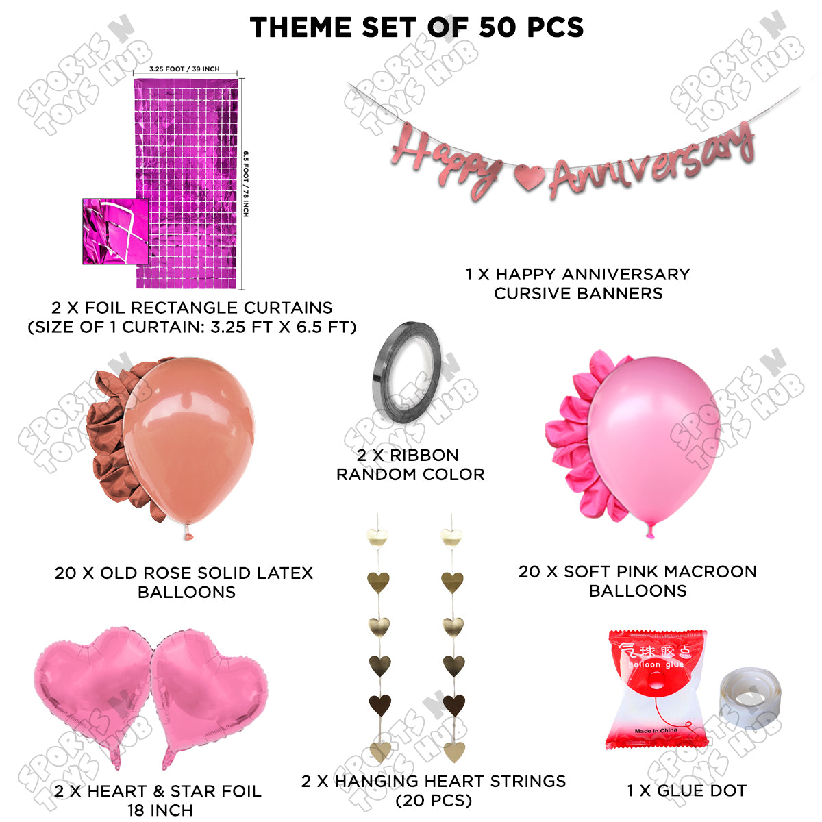 Happy Anniversary Rose Gold Cursive Banner Rectangle Curtain Theme Collection