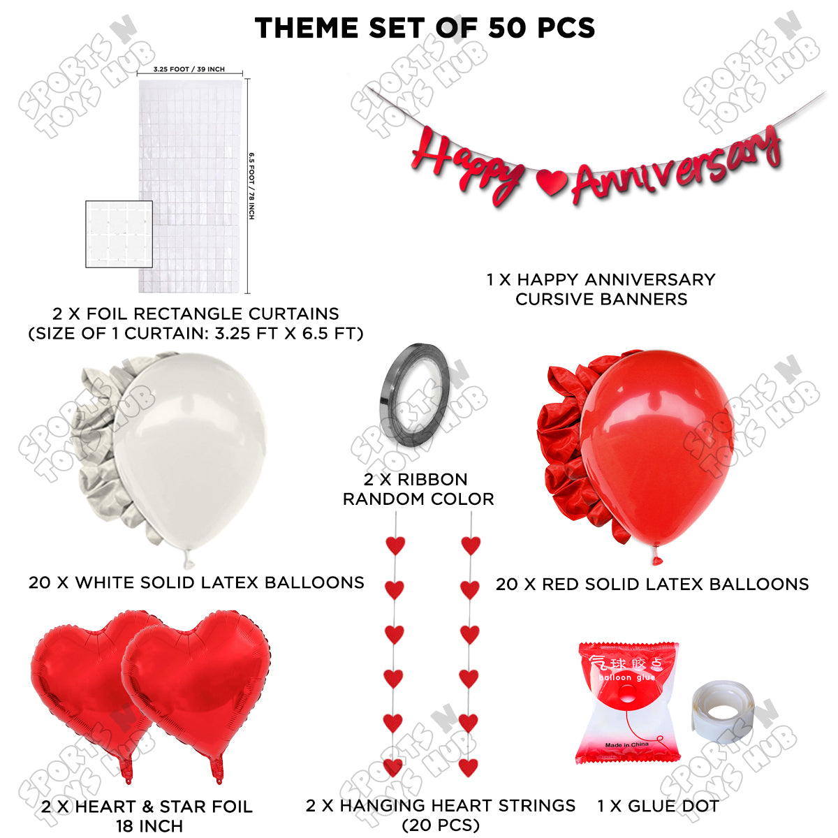 Happy Anniversary Red Cursive Banner Rectangle Curtain Theme Collection