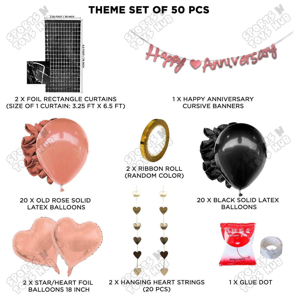 Happy Anniversary Rose Gold Cursive Banner Rectangle Curtain Theme Collection