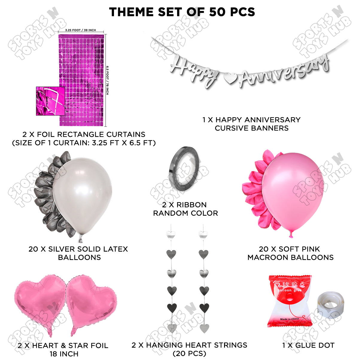 Happy Anniversary Silver Cursive Banner Rectangle Curtain Theme Collection