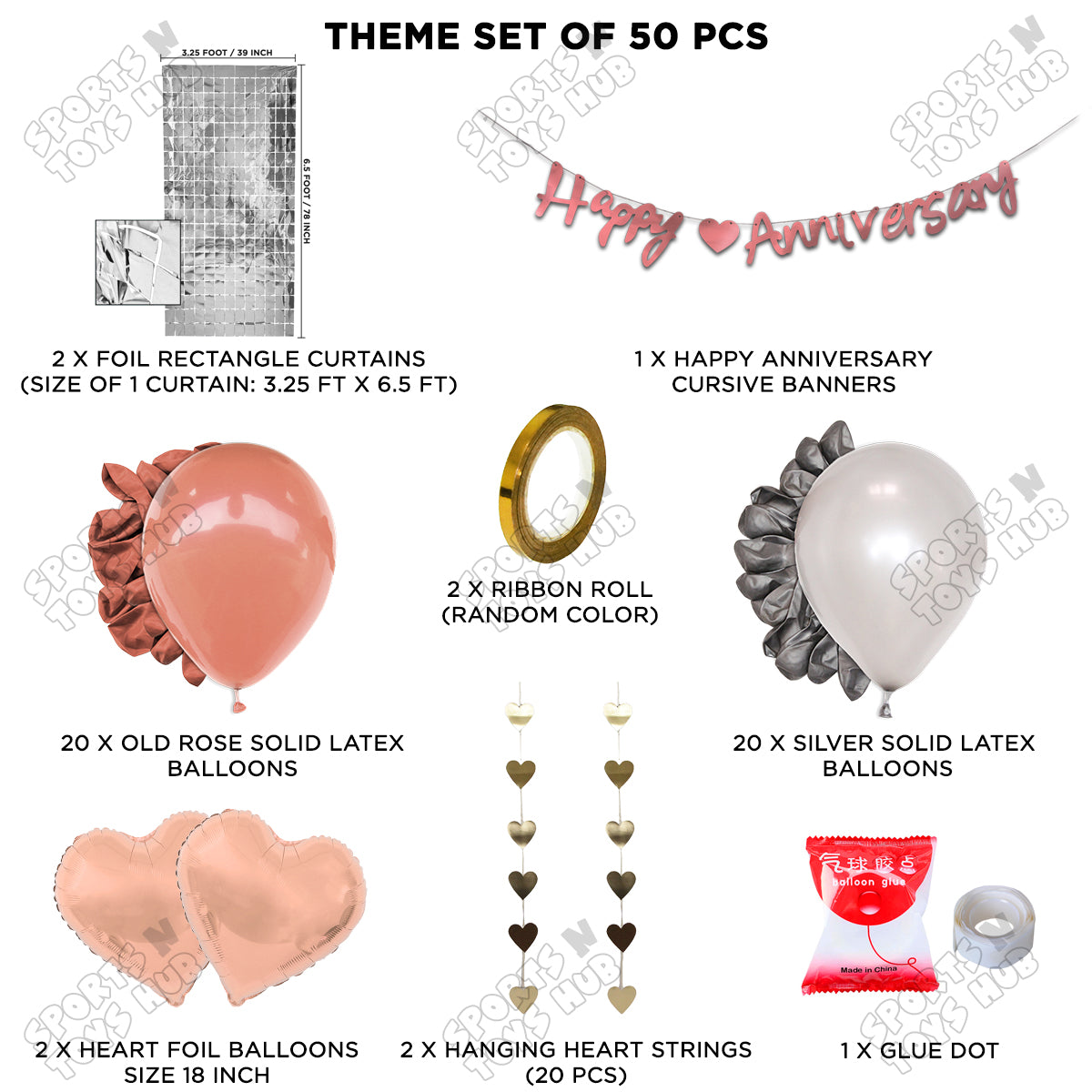 Happy Anniversary Rose Gold Cursive Banner Rectangle Curtain Theme Collection