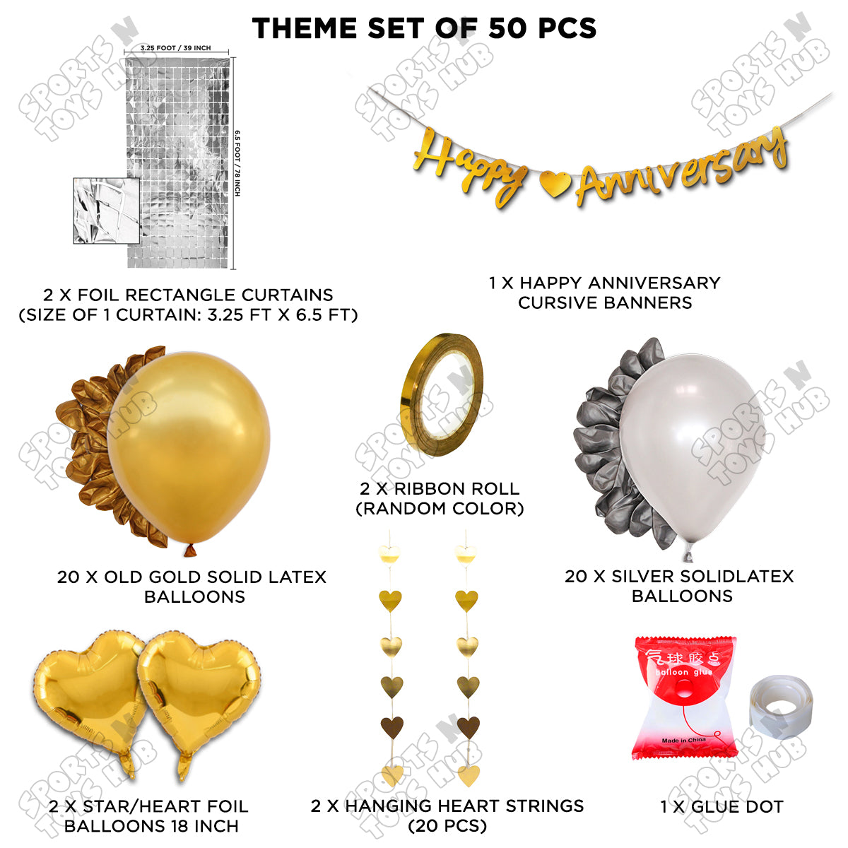 Happy Anniversary Gold Cursive Banner Rectangle Curtain Theme Collection