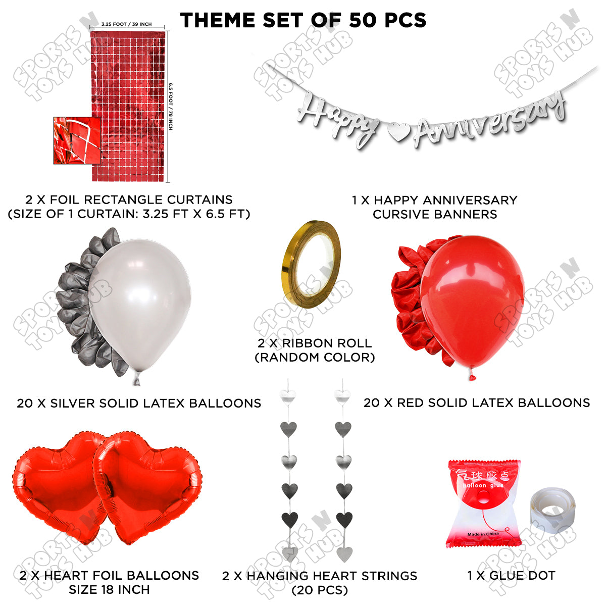 Happy Anniversary Silver Cursive Banner Rectangle Curtain Theme Collection