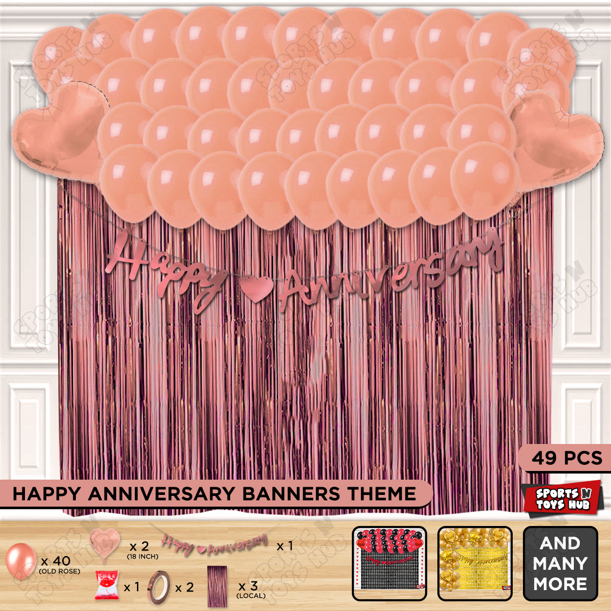 Happy Anniversary Rose Gold Cursive Banner Curtain Theme Collection