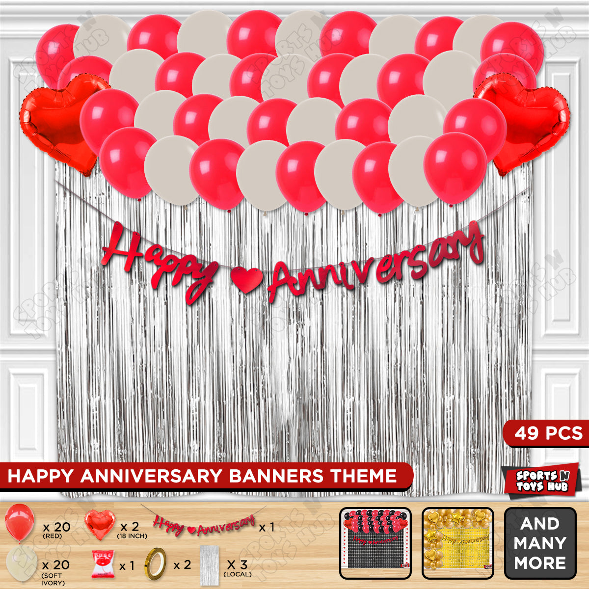 Happy Anniversary Red Cursive Banner Curtain Theme Collection