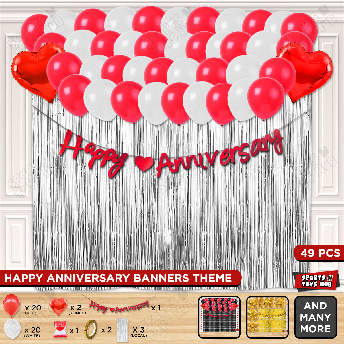 Happy Anniversary Red Cursive Banner Curtain Theme Collection