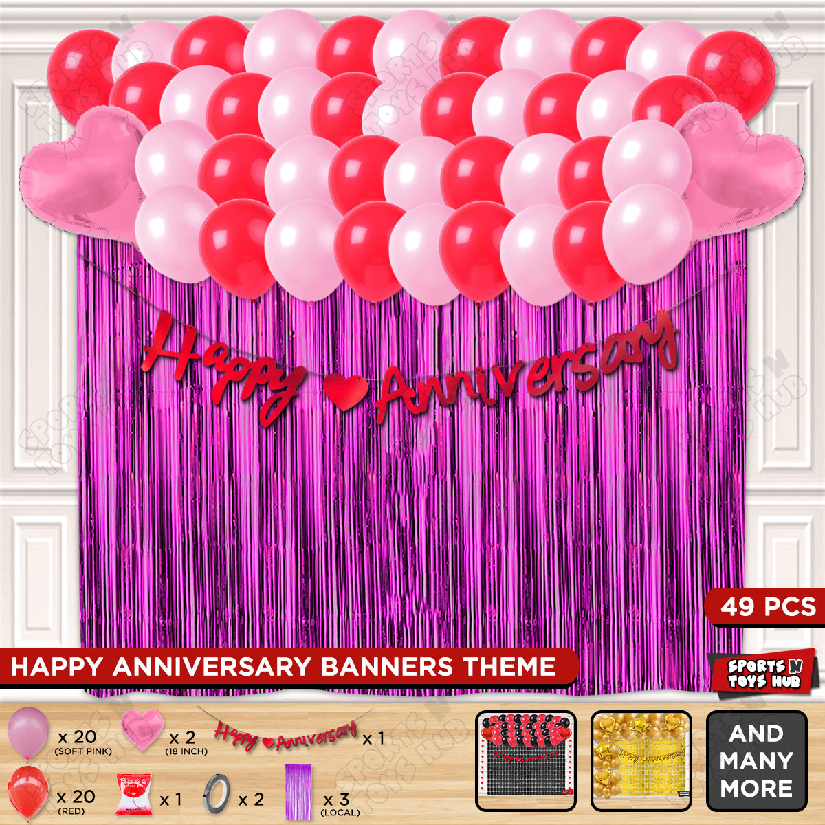 Happy Anniversary Red Cursive Banner Curtain Theme Collection