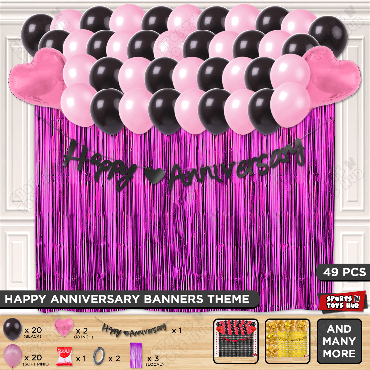 Happy Anniversary Black Cursive Banner Curtain Theme Collection
