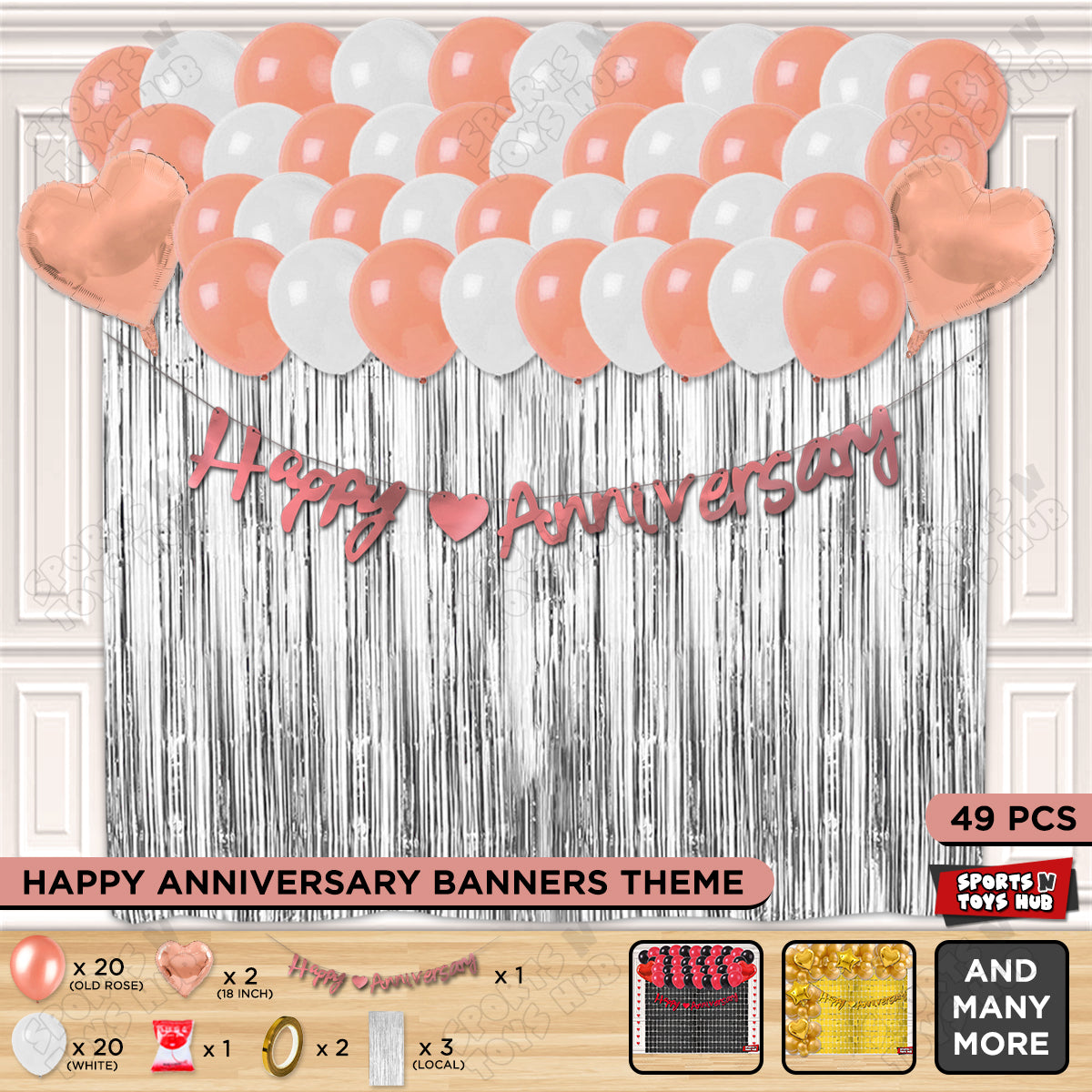 Happy Anniversary Rose Gold Cursive Banner Curtain Theme Collection