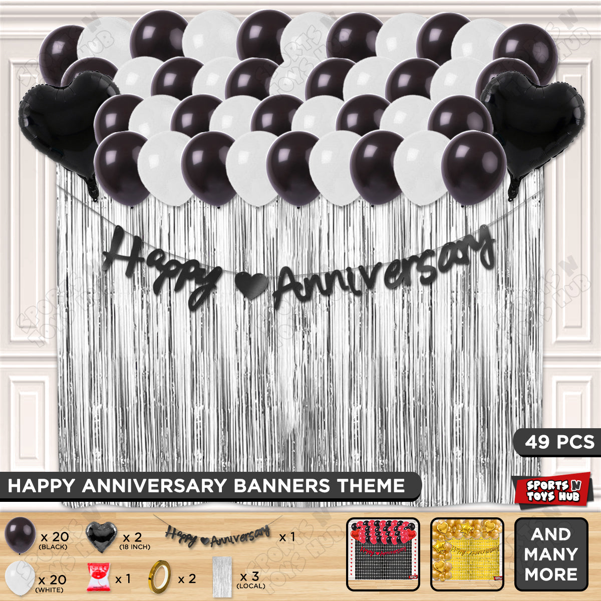 Happy Anniversary Black Cursive Banner Curtain Theme Collection