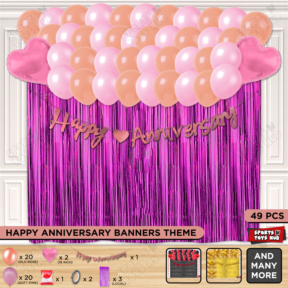 Happy Anniversary Rose Gold Cursive Banner Curtain Theme Collection