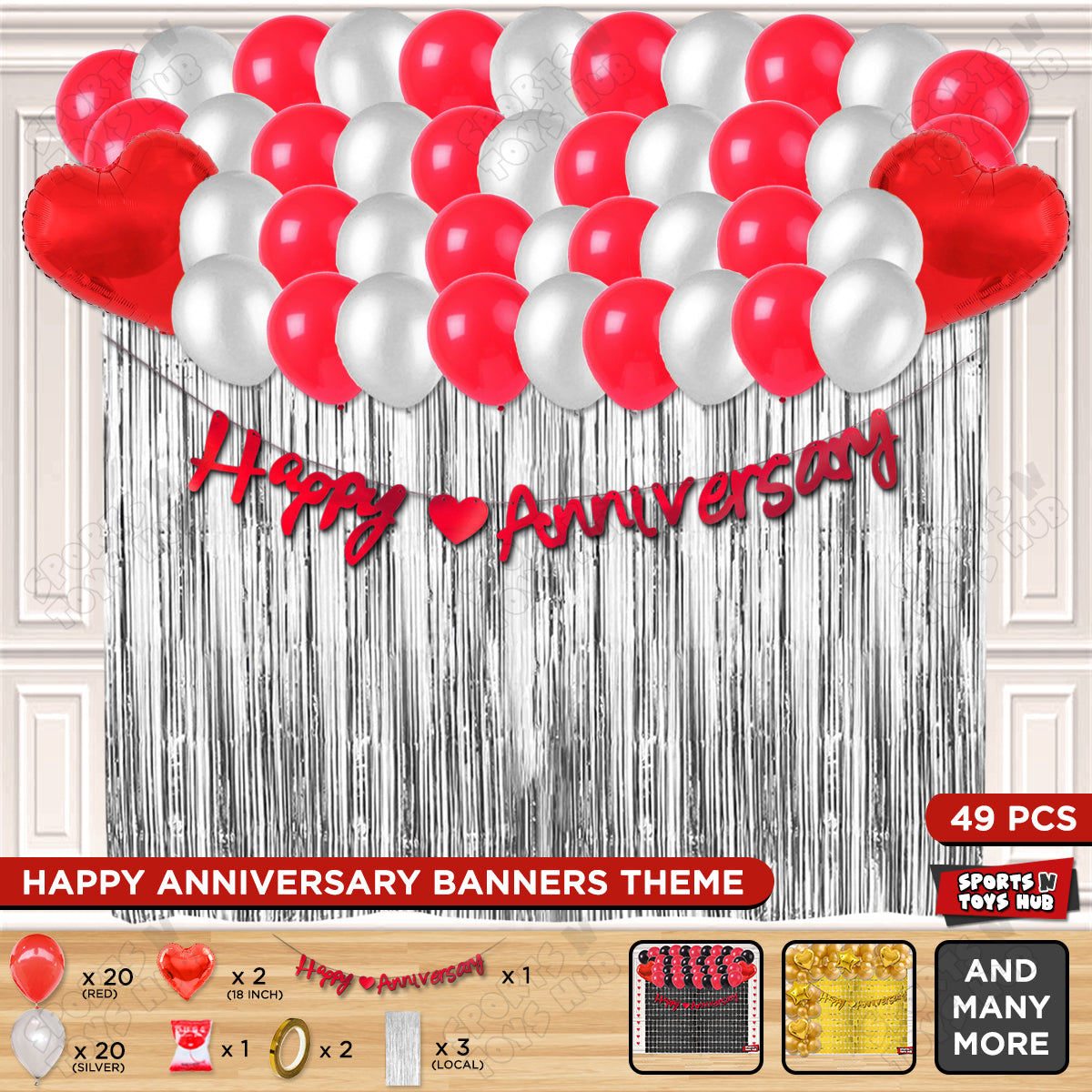 Happy Anniversary Red Cursive Banner Curtain Theme Collection