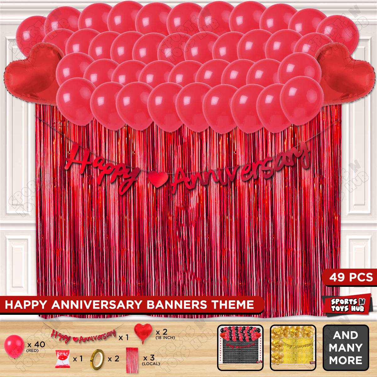 Happy Anniversary Red Cursive Banner Curtain Theme Collection