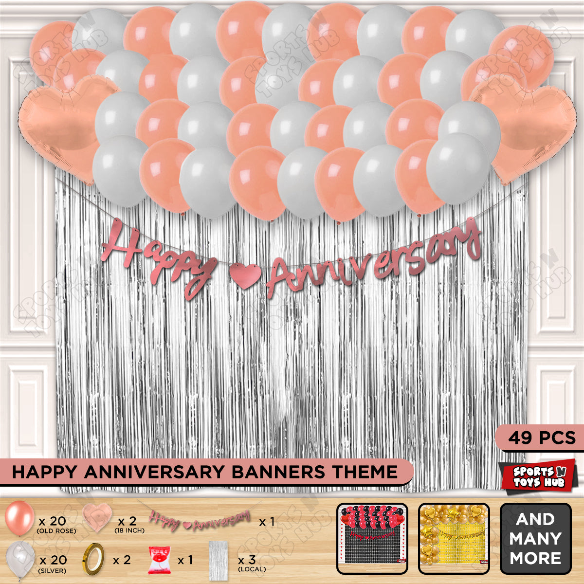 Happy Anniversary Rose Gold Cursive Banner Curtain Theme Collection