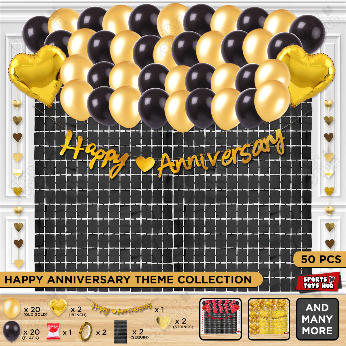 Happy Anniversary Gold Cursive Banner Rectangle Curtain Theme Collection