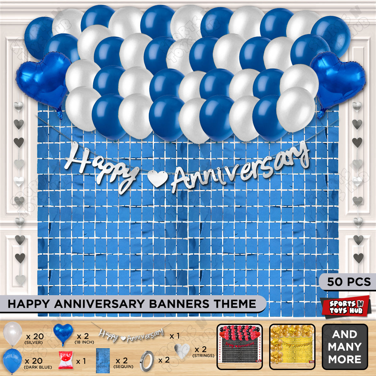 Happy Anniversary Silver Cursive Banner Rectangle Curtain Theme Collection