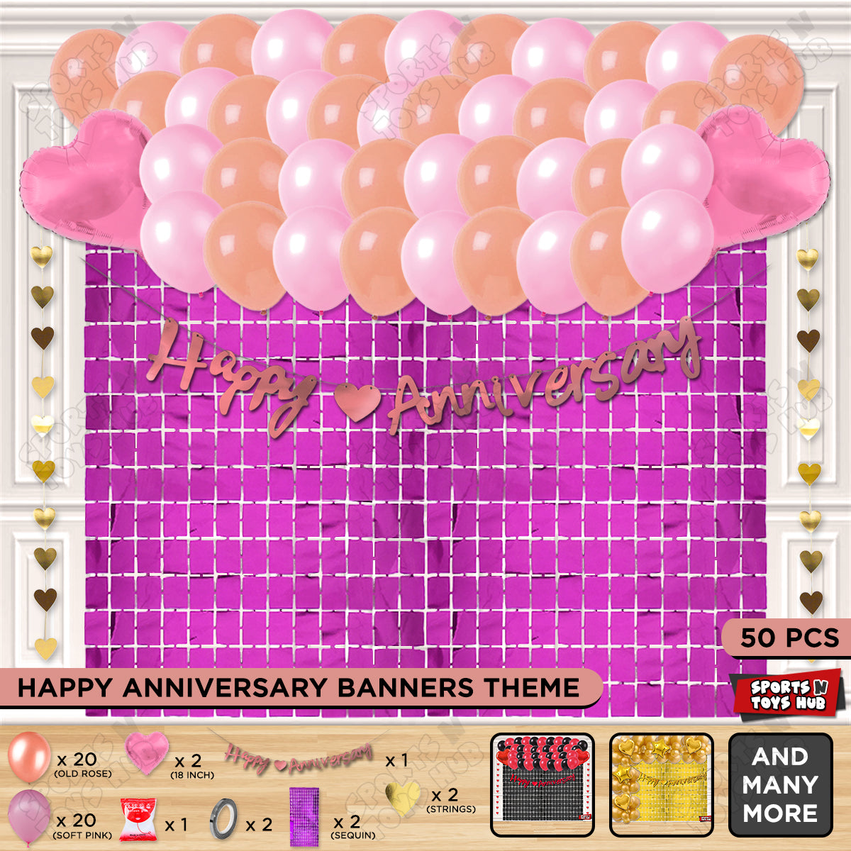 Happy Anniversary Rose Gold Cursive Banner Rectangle Curtain Theme Collection
