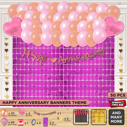 Happy Anniversary Rose Gold Cursive Banner Rectangle Curtain Theme Collection