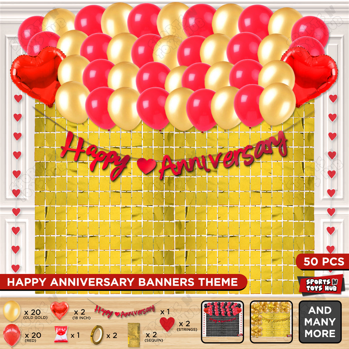 Happy Anniversary Red Cursive Banner Rectangle Curtain Theme Collection