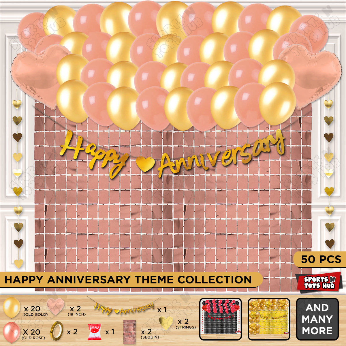 Happy Anniversary Gold Cursive Banner Rectangle Curtain Theme Collection