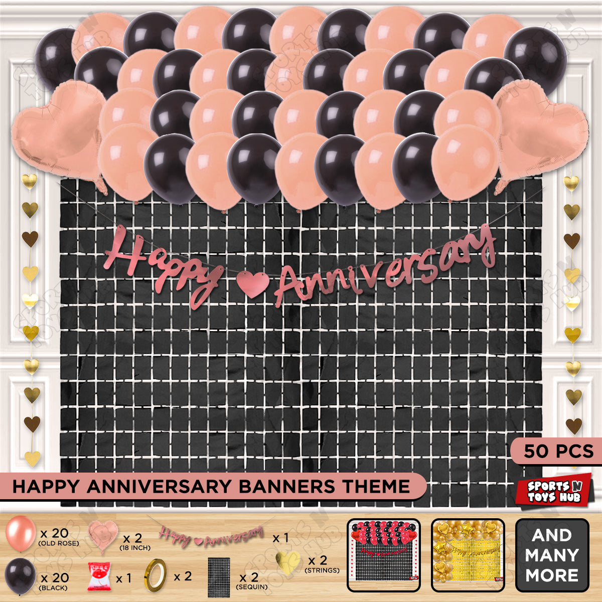 Happy Anniversary Rose Gold Cursive Banner Rectangle Curtain Theme Collection