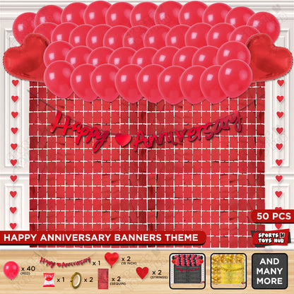 Happy Anniversary Red Cursive Banner Rectangle Curtain Theme Collection