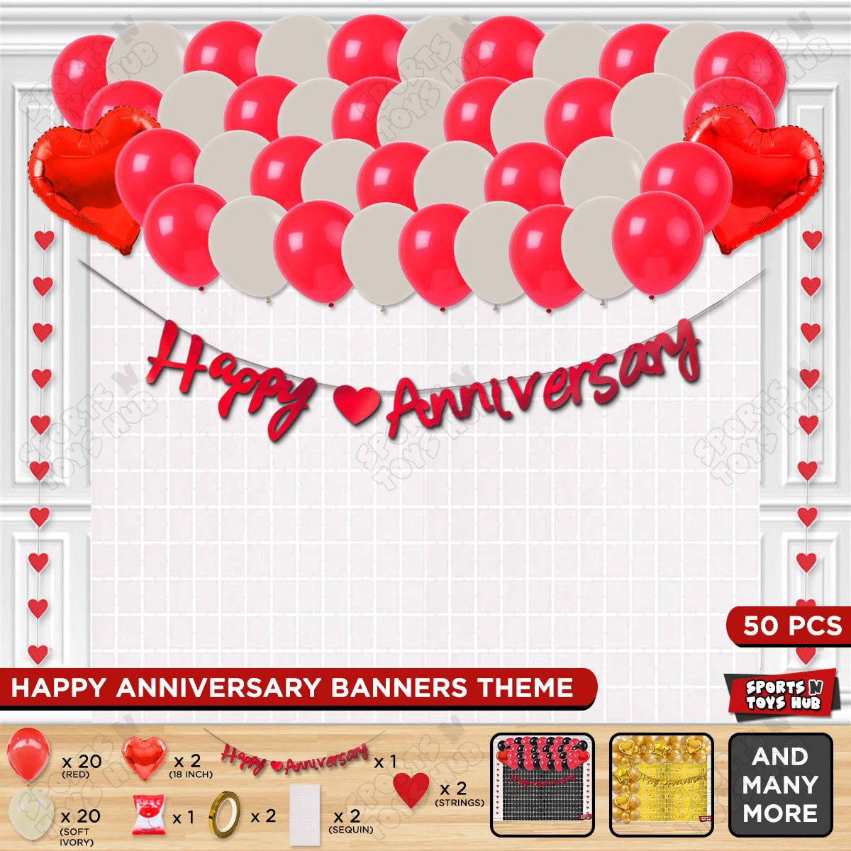Happy Anniversary Red Cursive Banner Rectangle Curtain Theme Collection