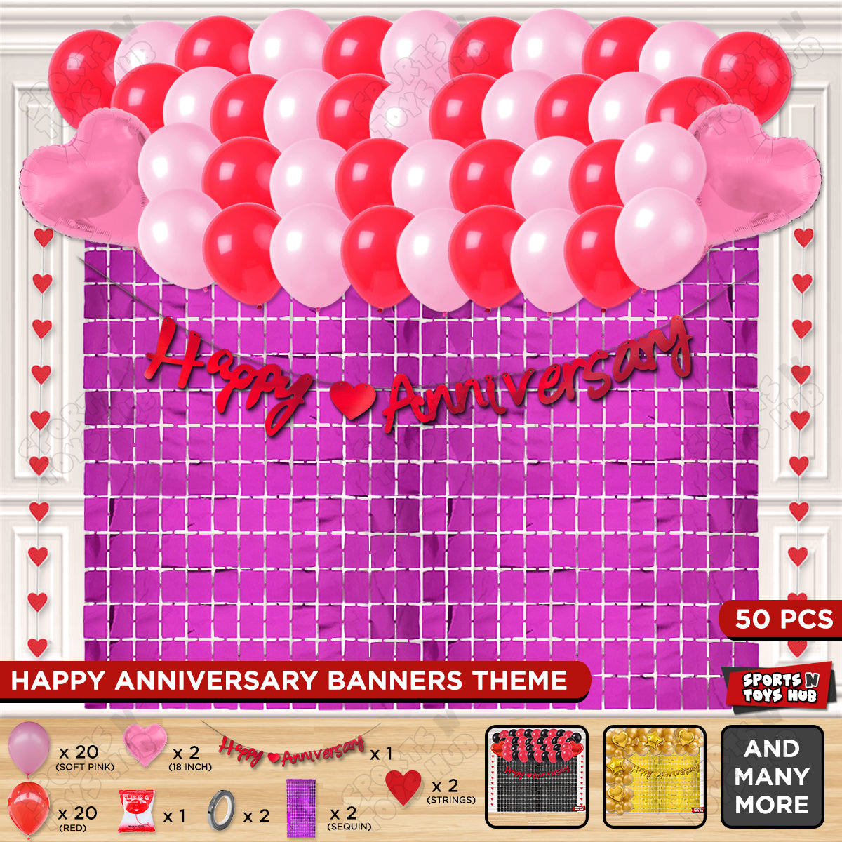 Happy Anniversary Red Cursive Banner Rectangle Curtain Theme Collection