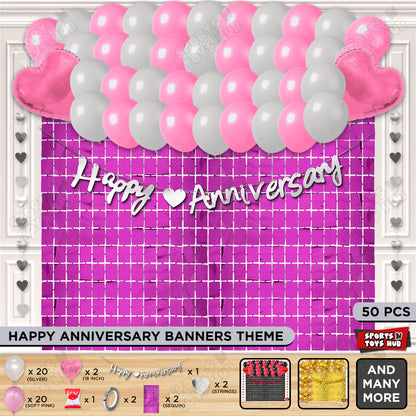 Happy Anniversary Silver Cursive Banner Rectangle Curtain Theme Collection