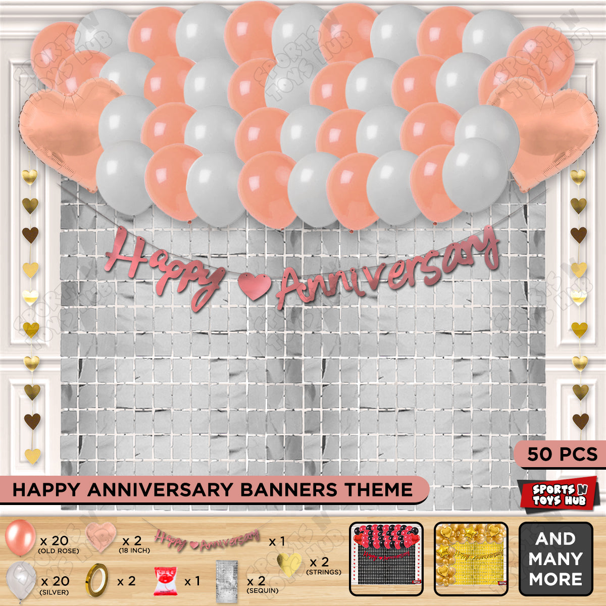Happy Anniversary Rose Gold Cursive Banner Rectangle Curtain Theme Collection