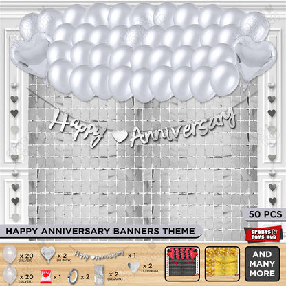 Happy Anniversary Silver Cursive Banner Rectangle Curtain Theme Collection