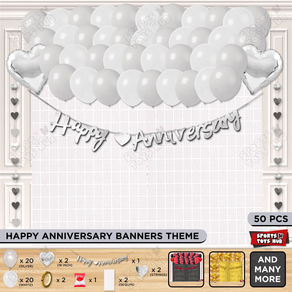Happy Anniversary Silver Cursive Banner Rectangle Curtain Theme Collection