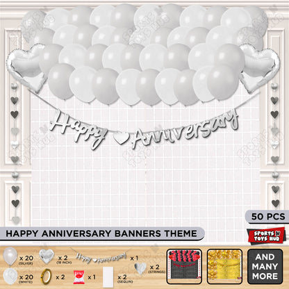 Happy Anniversary Silver Cursive Banner Rectangle Curtain Theme Collection