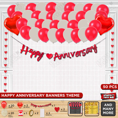 Happy Anniversary Red Cursive Banner Rectangle Curtain Theme Collection