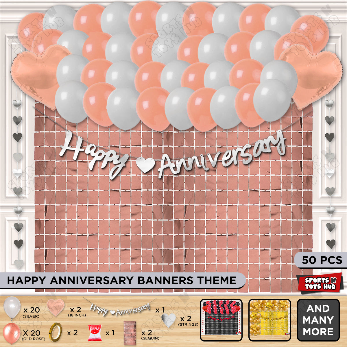 Happy Anniversary Silver Cursive Banner Rectangle Curtain Theme Collection