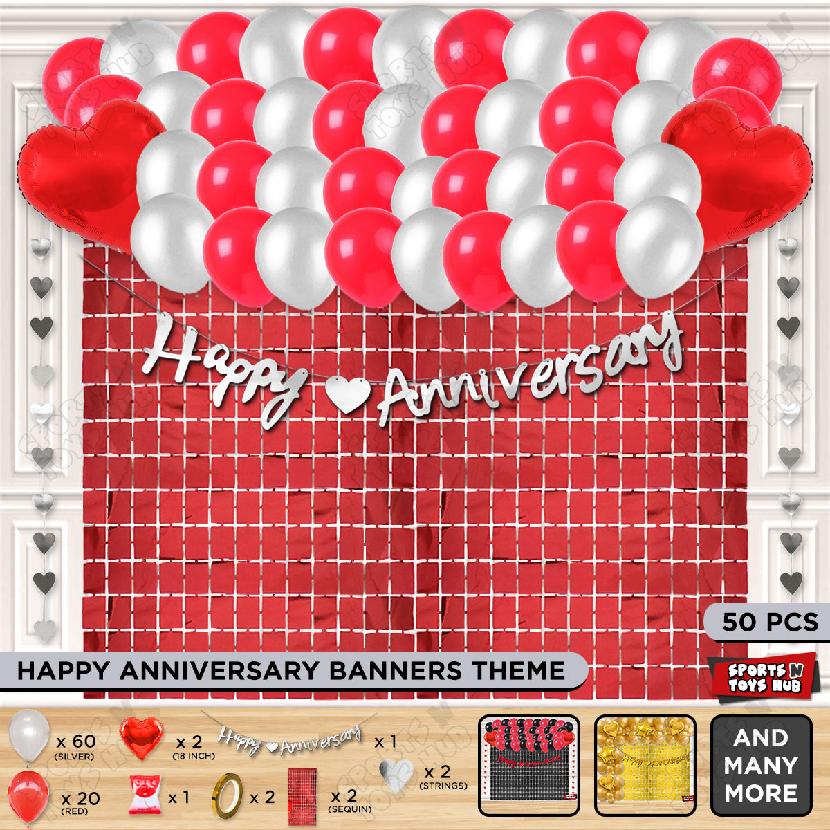 Happy Anniversary Silver Cursive Banner Rectangle Curtain Theme Collection
