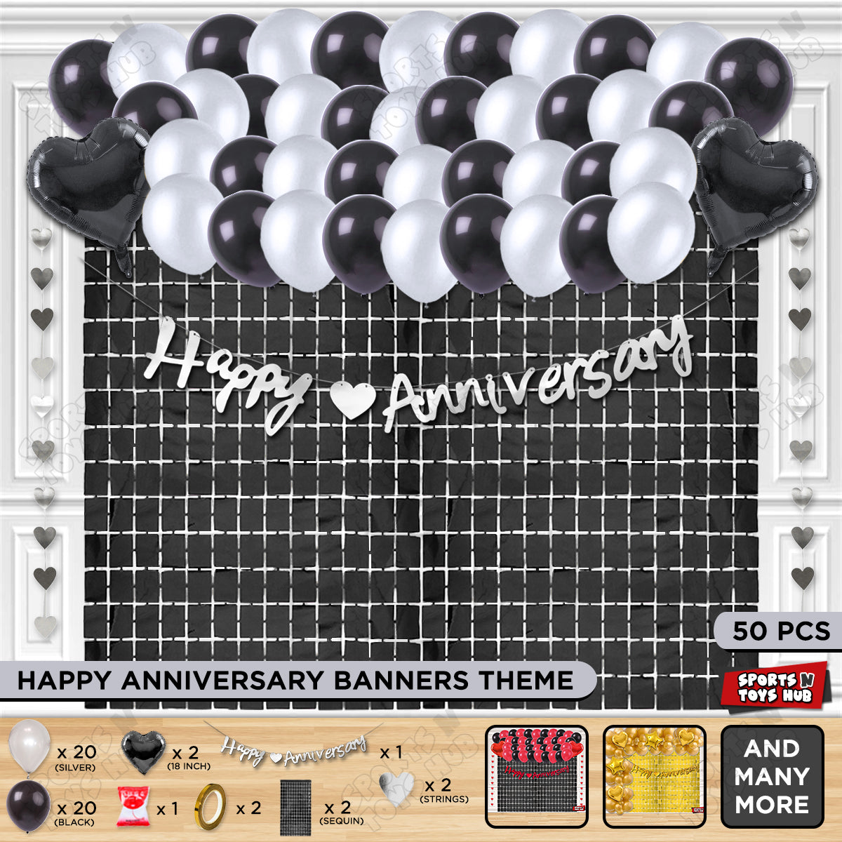 Happy Anniversary Silver Cursive Banner Rectangle Curtain Theme Collection