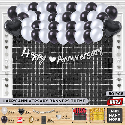 Happy Anniversary Silver Cursive Banner Rectangle Curtain Theme Collection