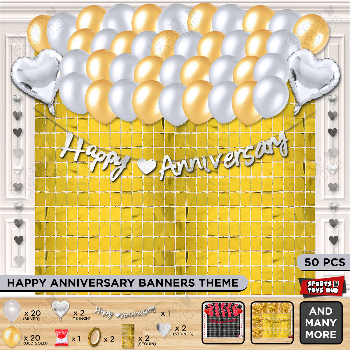 Happy Anniversary Silver Cursive Banner Rectangle Curtain Theme Collection