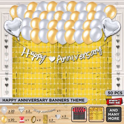Happy Anniversary Silver Cursive Banner Rectangle Curtain Theme Collection