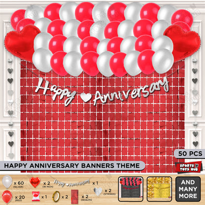 Happy Anniversary Silver Cursive Banner Rectangle Curtain Theme Collection