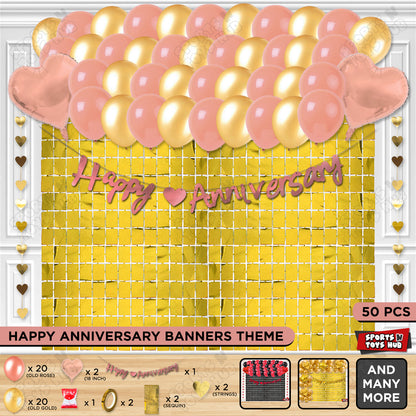 Happy Anniversary Rose Gold Cursive Banner Rectangle Curtain Theme Collection