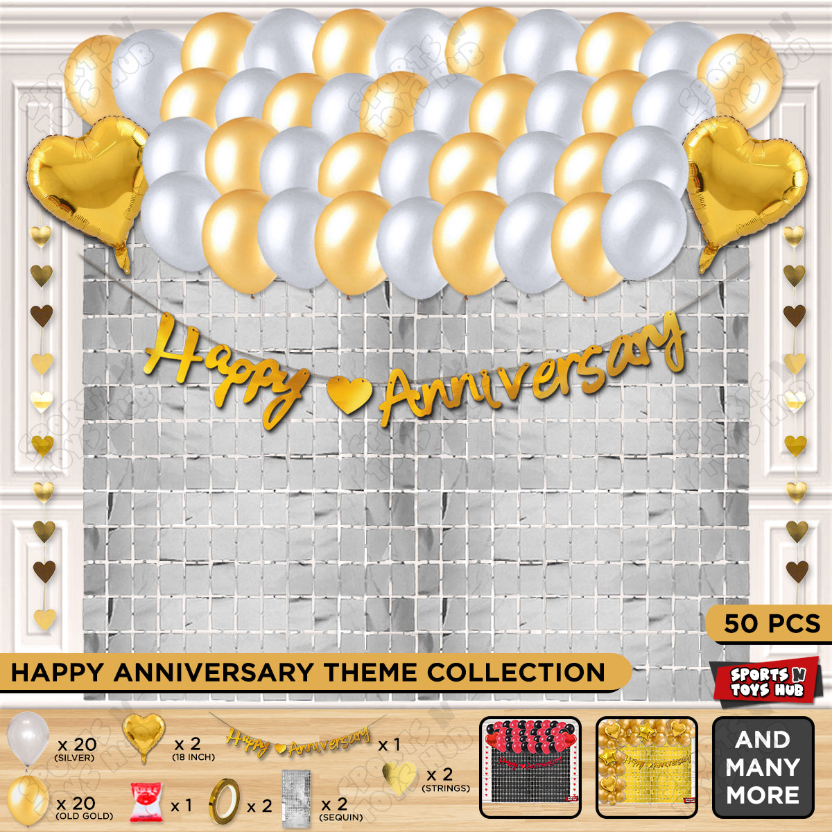 Happy Anniversary Gold Cursive Banner Rectangle Curtain Theme Collection
