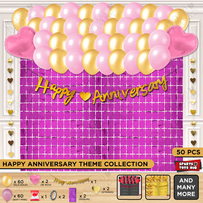 Happy Anniversary Gold Cursive Banner Rectangle Curtain Theme Collection