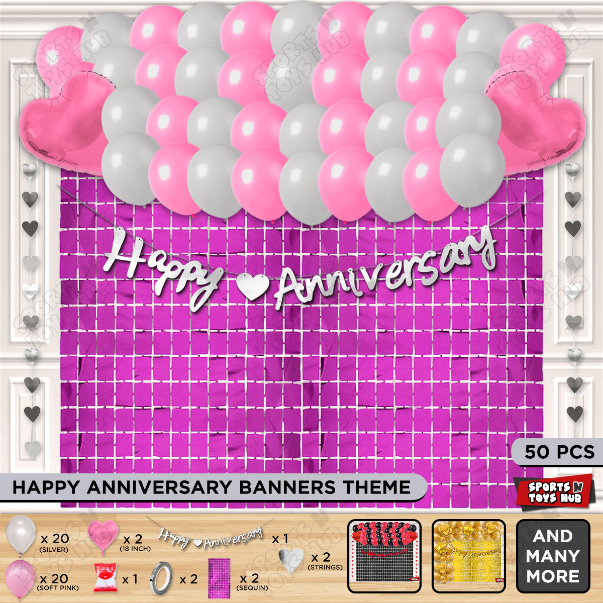 Happy Anniversary Silver Cursive Banner Rectangle Curtain Theme Collection