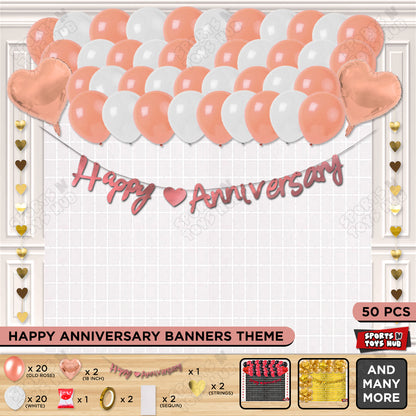 Happy Anniversary Rose Gold Cursive Banner Rectangle Curtain Theme Collection