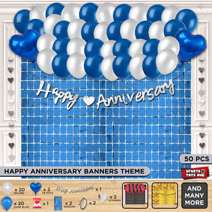 Happy Anniversary Silver Cursive Banner Rectangle Curtain Theme Collection