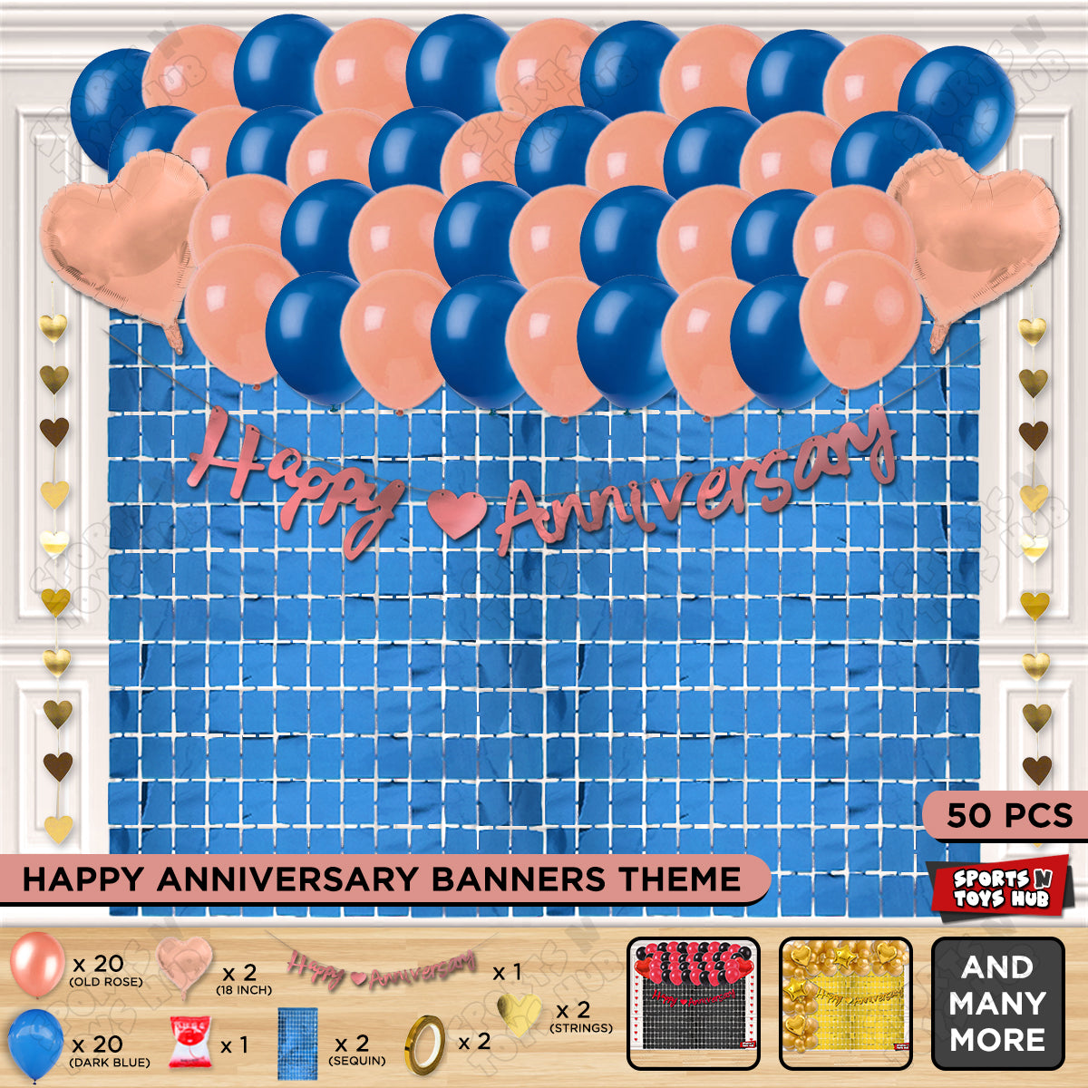 Happy Anniversary Rose Gold Cursive Banner Rectangle Curtain Theme Collection